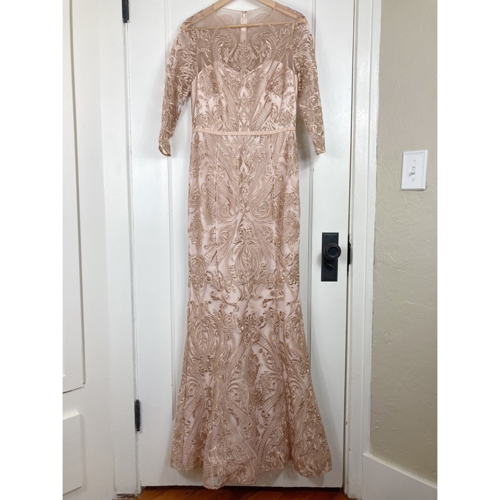 Marchesa Notte Metallic Filigree Embroidered Gown